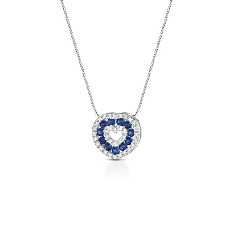 COLLANA CUORE IN ORO BIANCO 18KT CON DIAMANTI E ZAFFIRI