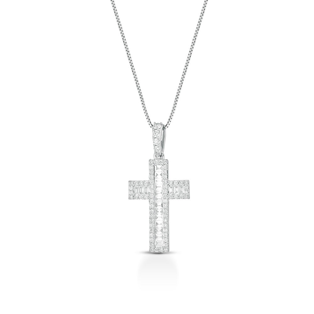 COLLANA CON CROCE IN ORO BIANCO 18KT DIAMANTI E BAGUETTE