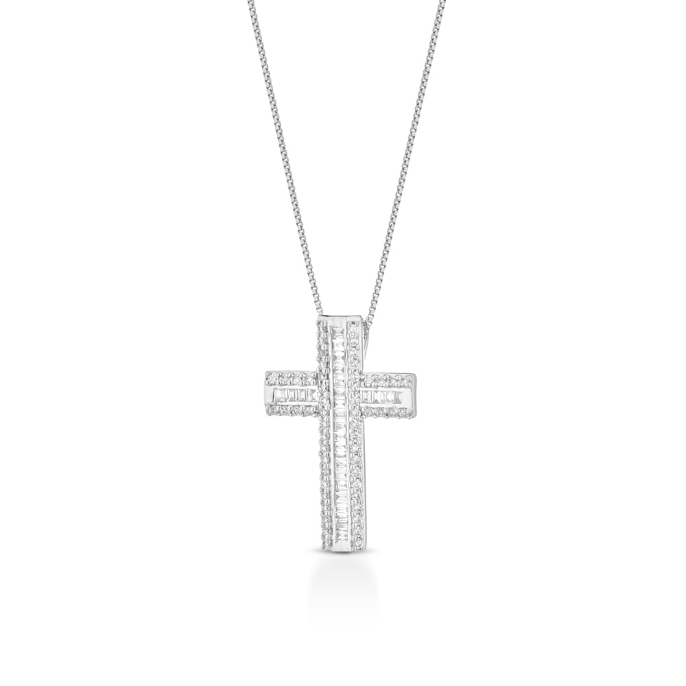COLLANA CON CROCE IN ORO BIANCO 18KT DIAMANTI E BAGUETTE