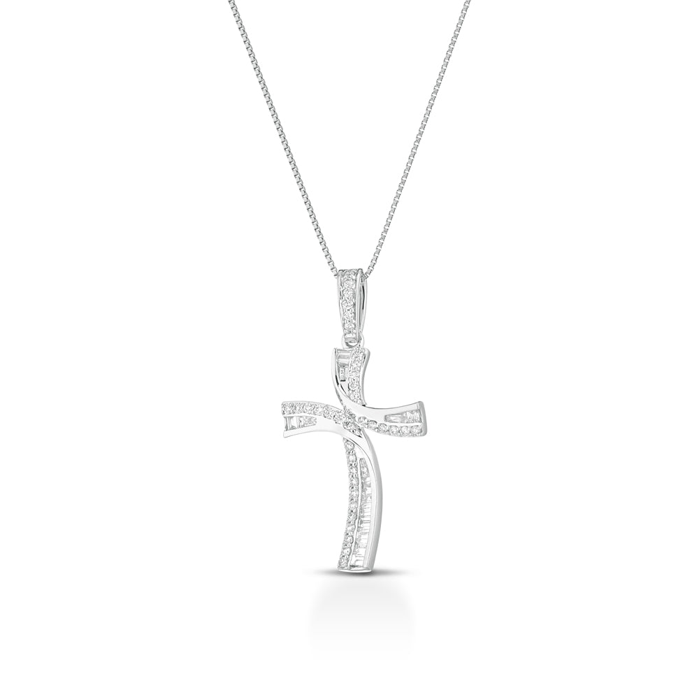 COLLANA CON CROCE IN ORO BIANCO 18KT DIAMANTI E BAGUETTE