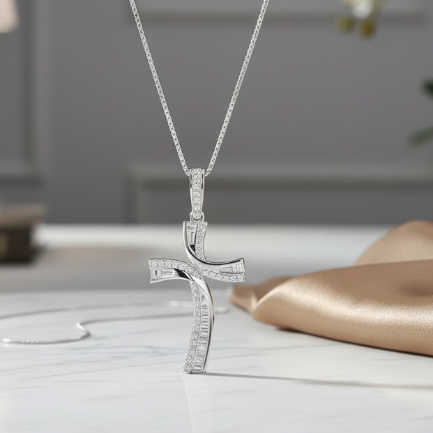 COLLANA CON CROCE IN ORO BIANCO 18KT DIAMANTI E BAGUETTE