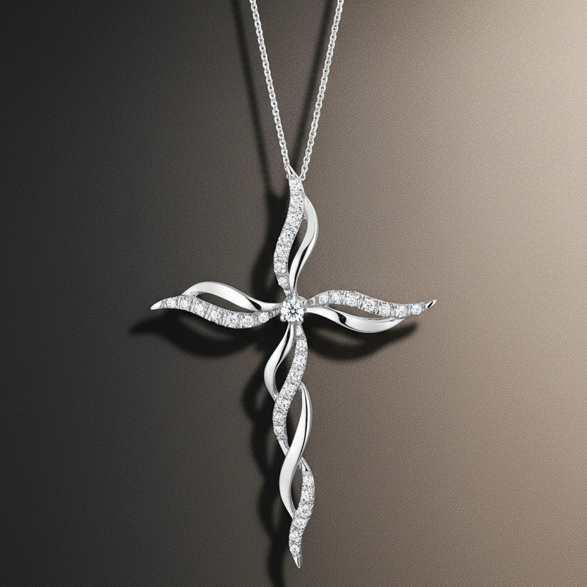 COLLANA CON CROCE IN ORO BIANCO 18 CARATI E DIAMANTI