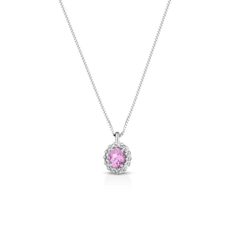 COLLANA IN ORO BIANCO 18KT CON DIAMANTI E ZAFFIRO ROSA