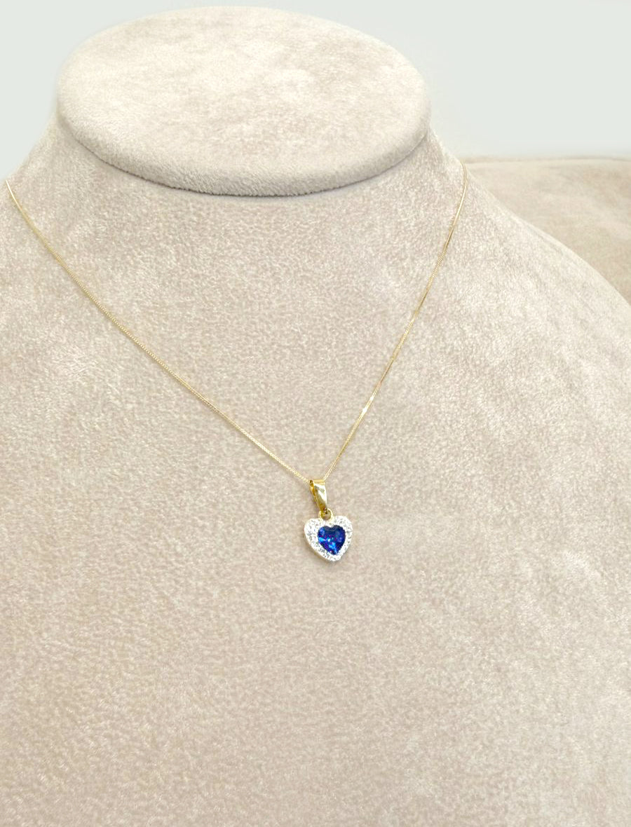 Collana in Oro Giallo 18 KT con Cuore Blu e Zirconi