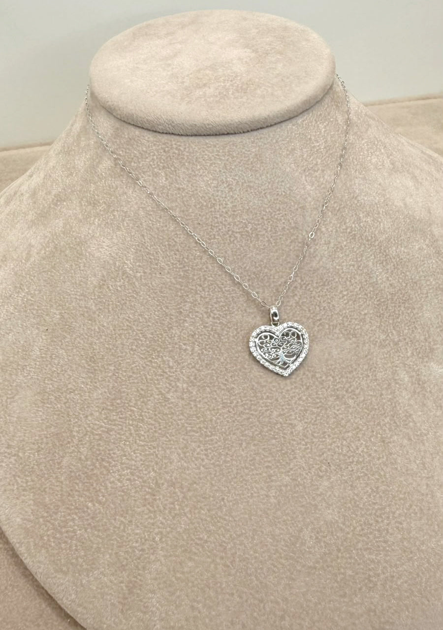 COLLANA CON PENDENTE CUORE ALBERO DELLA VITA E ZIRCONI IN ORO BIANCO 18 KT