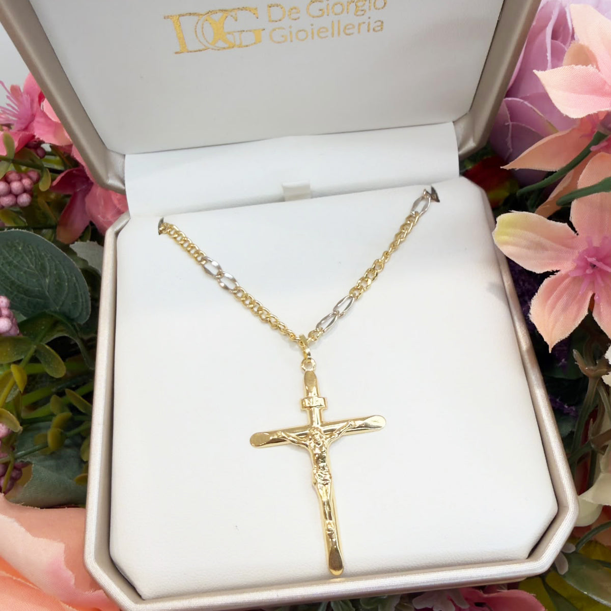 COLLANA CON CROCIFISSO IN ORO GIALLO E BIANCO 18 KT (750)