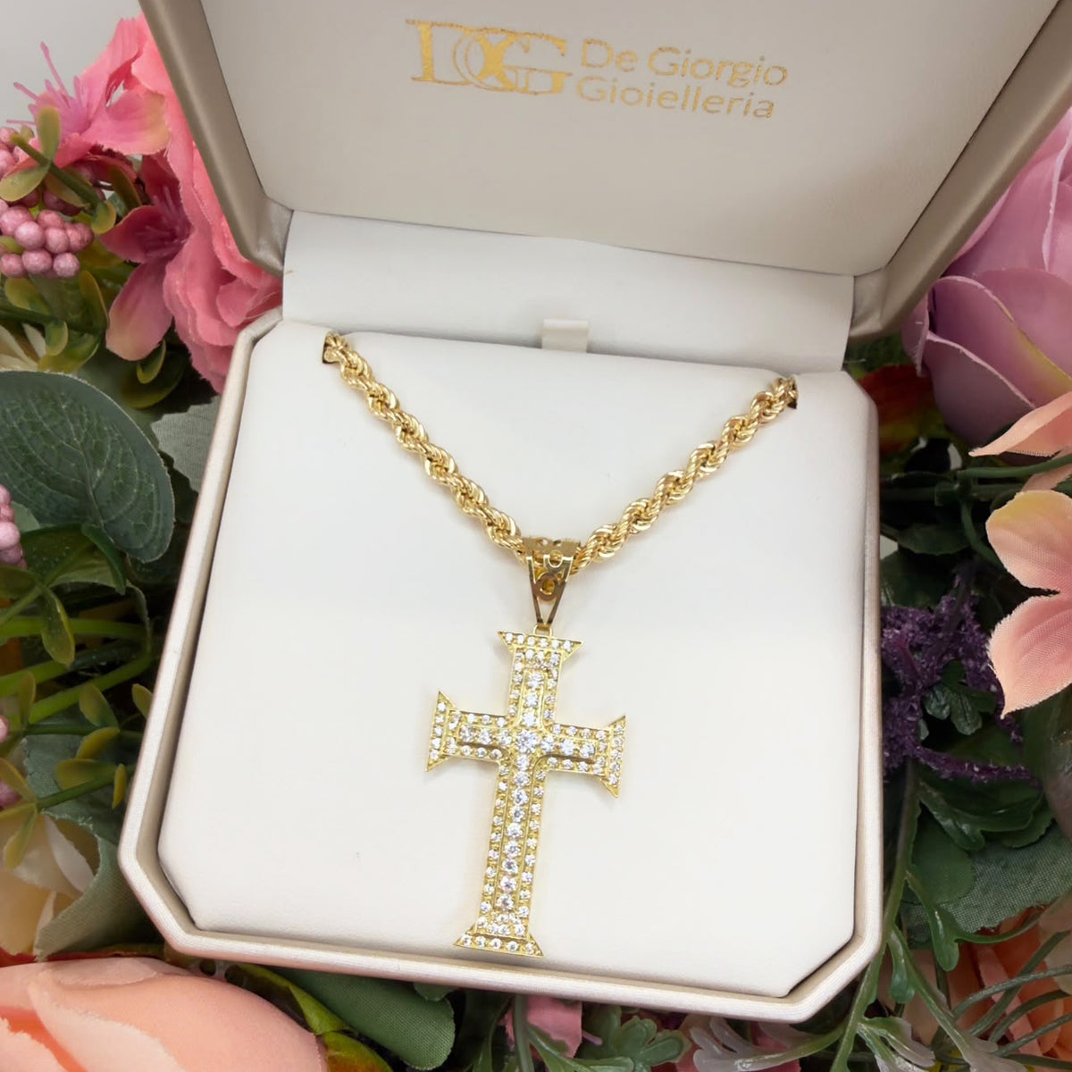 COLLANA CON CROCE IN ORO GIALLO 18 KT (750) CON ZIRCONI BIANCHI