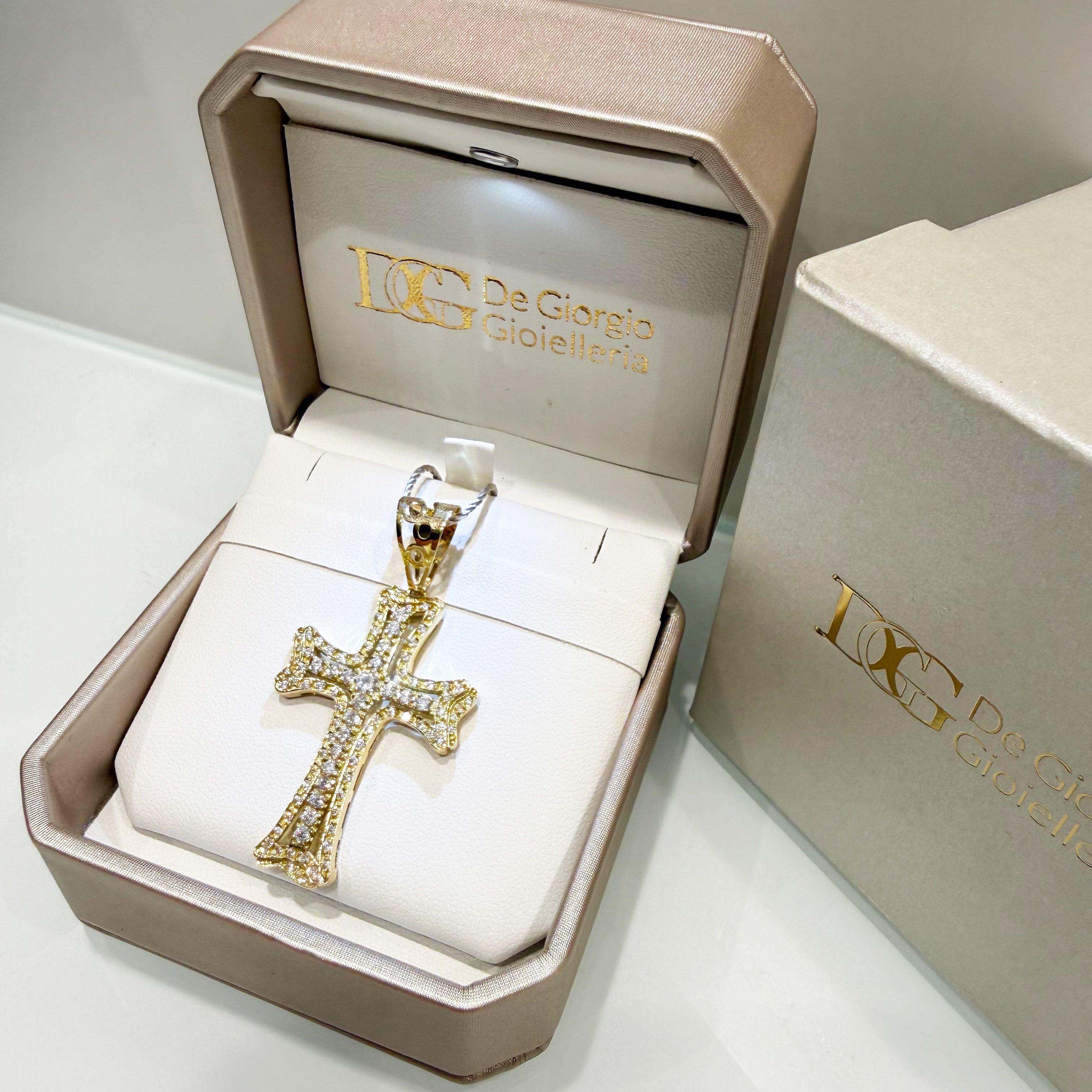 Ciondolo croce grande con pavé di zirconi in oro giallo 18KT (750) – Made in Italy