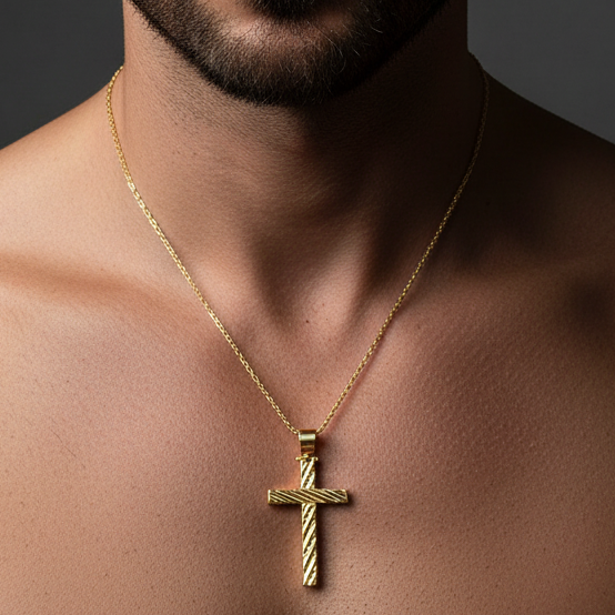 Ciondolo croce in oro giallo 18KT (750) lavorazione incisa – Made in Italy