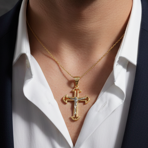 Ciondolo croce in oro giallo e bianco 18KT (750) con Cristo