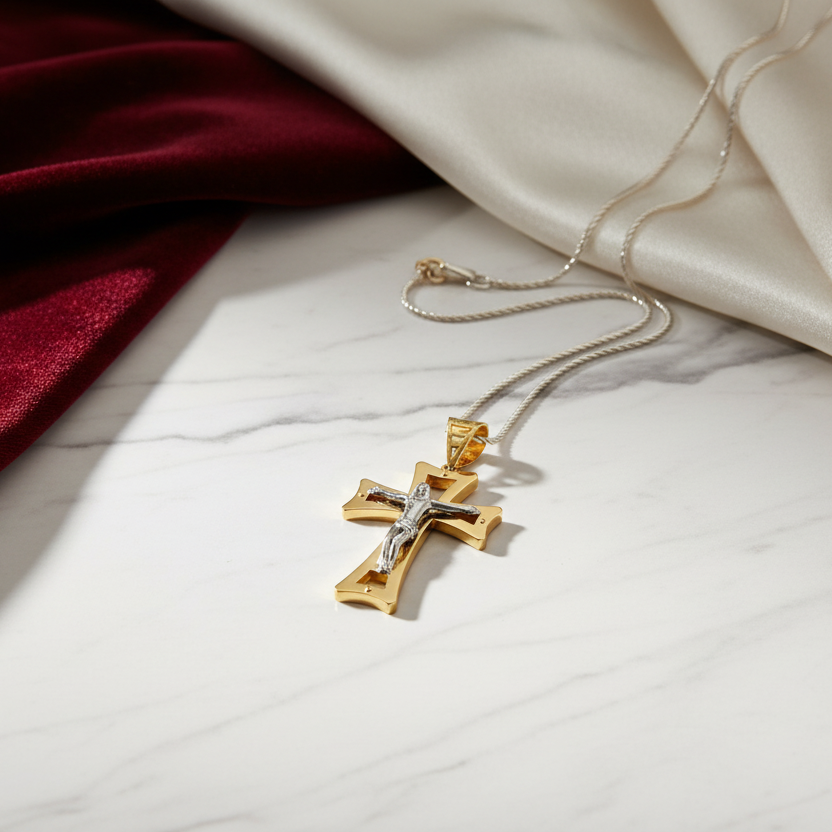 Ciondolo croce in oro giallo e bianco 18KT (750) con Cristo