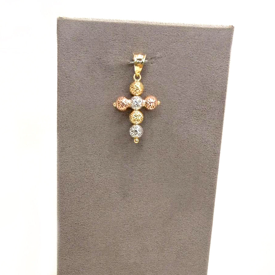 Ciondolo a croce in oro giallo, bianco e rosa 18KT (750) con sfere diamantate unisex