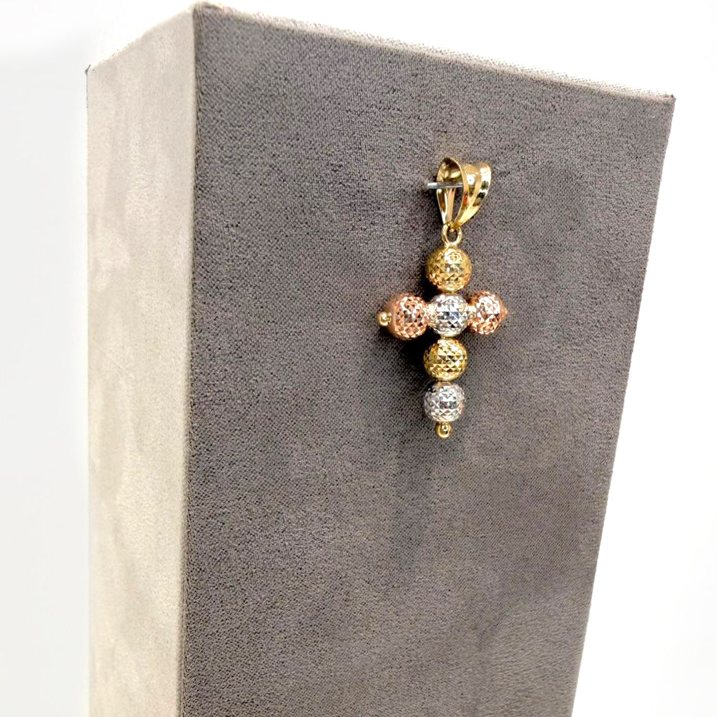 Ciondolo a croce in oro giallo, bianco e rosa 18KT (750) con sfere diamantate unisex
