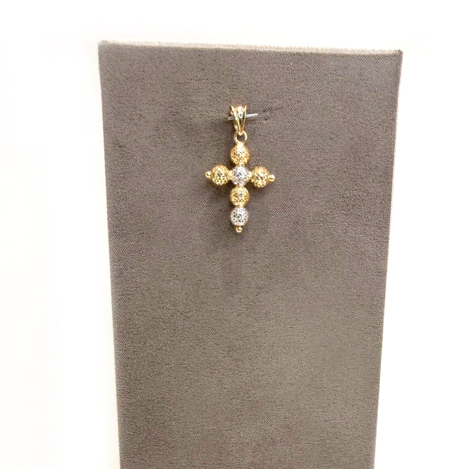 Ciondolo a croce in oro giallo e bianco 18KT (750) con sfere diamantate unisex