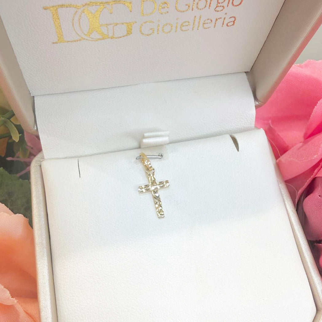 Ciondolo croce unisex in oro giallo 18 Kt (750) con lavorazione diamantata