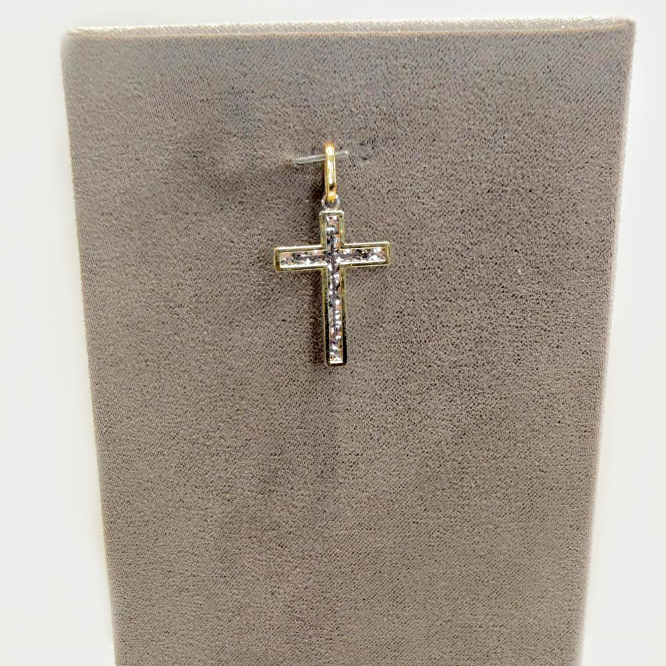 Ciondolo croce unisex in oro giallo e bianco 18 Kt (750) con lavorazione diamantata