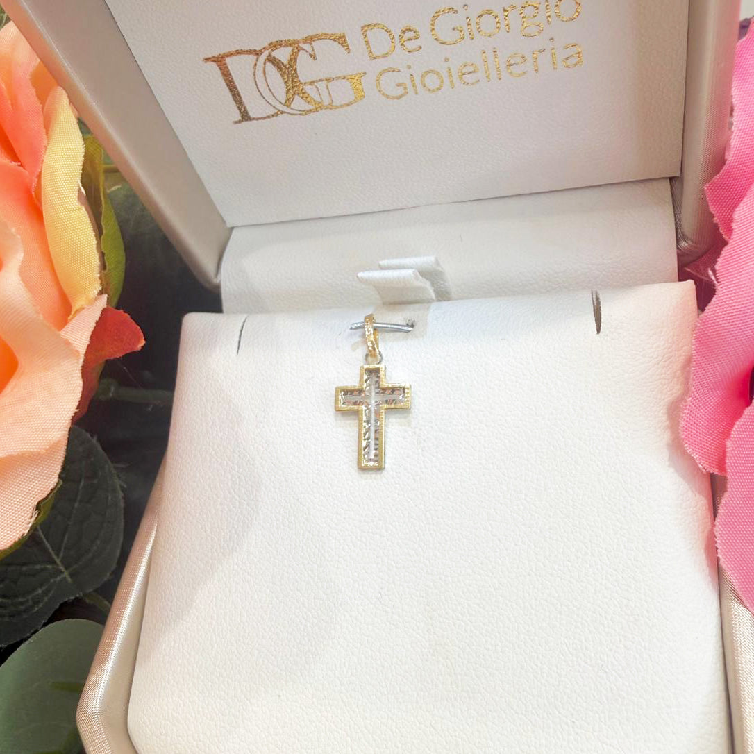 Ciondolo croce unisex in oro giallo e bianco 18 Kt (750) con lavorazione diamantata