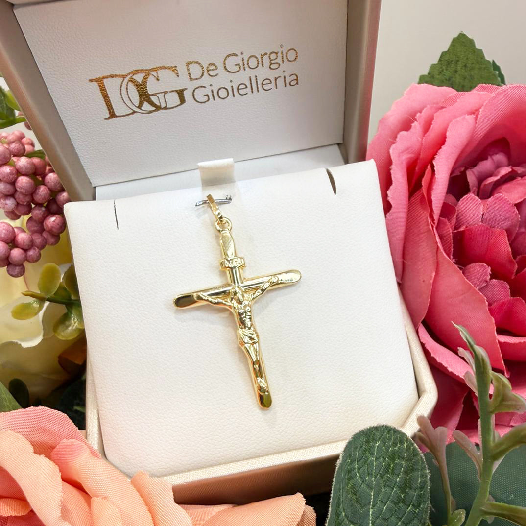 Ciondolo croce con Cristo da uomo in oro giallo 18 Kt (750)