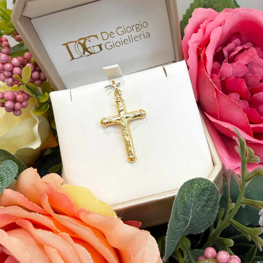 Ciondolo croce con Cristo da uomo in oro giallo 18 Kt (750)