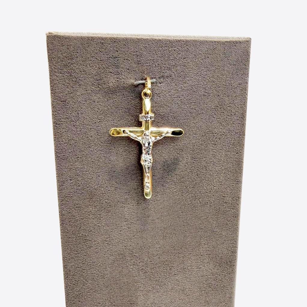 Ciondolo croce con Cristo da uomo in oro giallo e oro bianco 18 Kt (750)