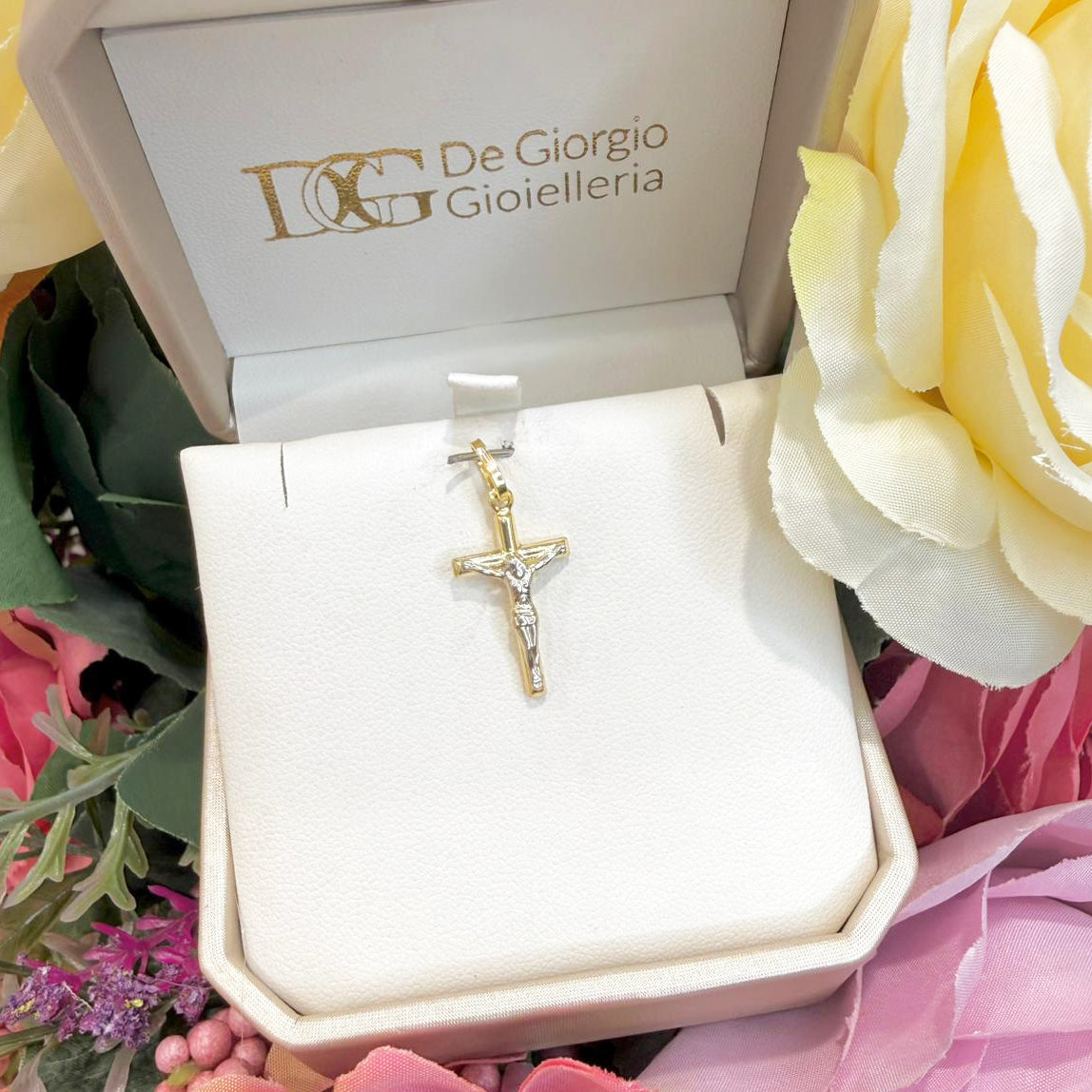 Ciondolo croce con Cristo da uomo in oro giallo e oro bianco 18 Kt (750)