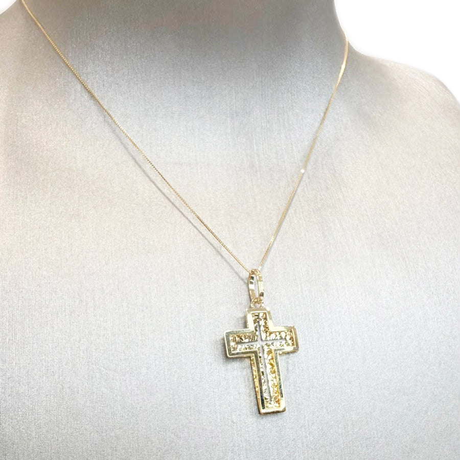 Croce con doppia lavorazione diamantata in oro giallo 18 KT (750)