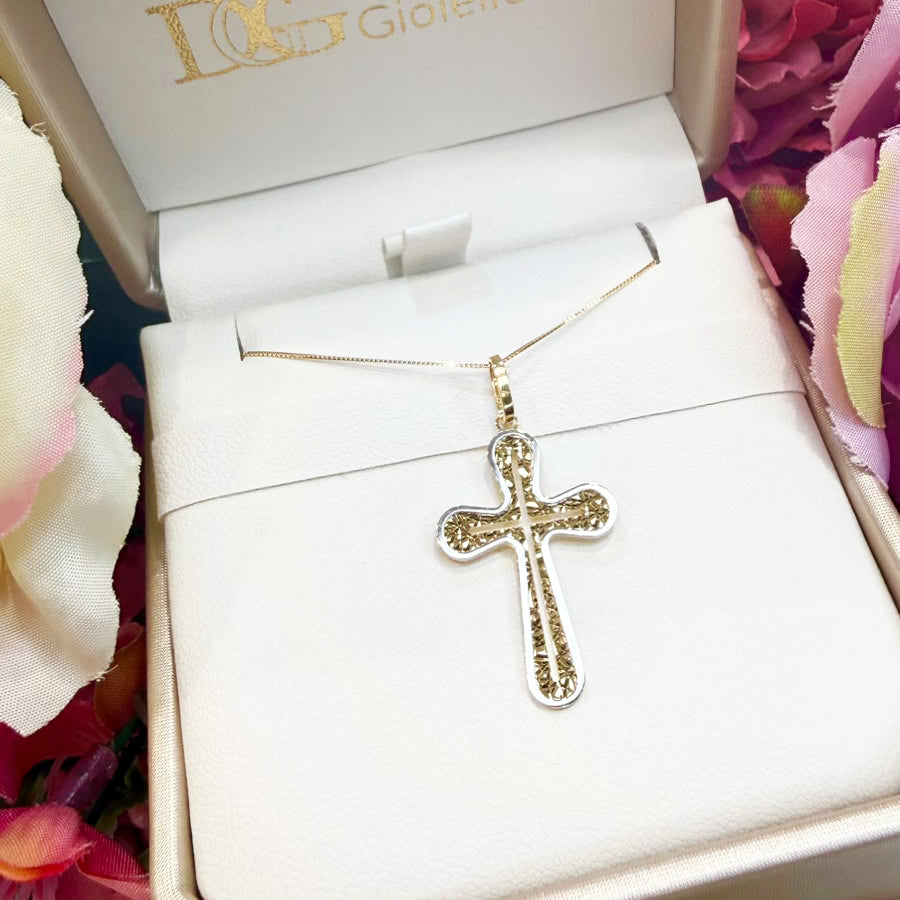 Croce bicolore diamantata in oro giallo e oro bianco 18 KT (750)