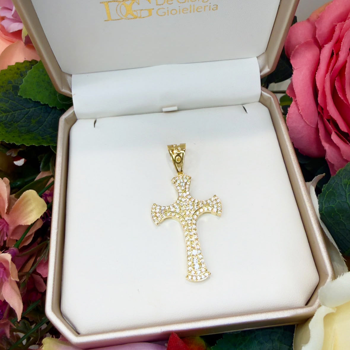 PENDENTE CROCE UOMO IN ORO GIALLO 18 KT (750) CON ZIRCONI