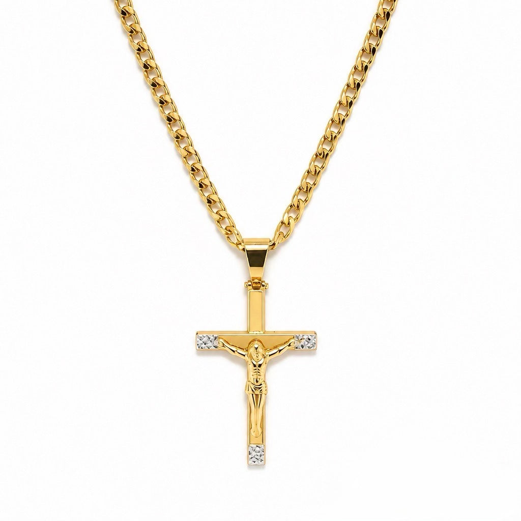 Collana con Crocifisso Bicolore in Oro Giallo e Oro Bianco 18 KT