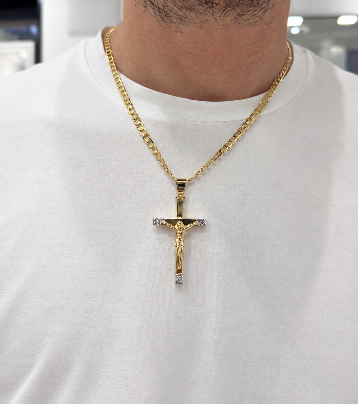 Collana con Crocifisso Bicolore in Oro Giallo e Oro Bianco 18 KT