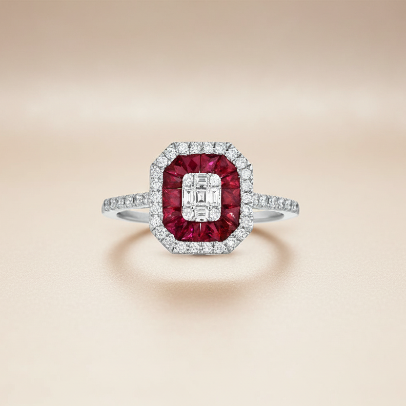 ANELLO IN ORO BIANCO 18KT DIAMANTI, BAGUETTE E RUBINI