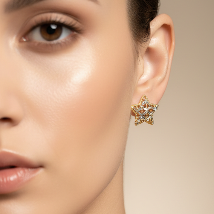 Orecchini stella traforata in oro bicolore 18KT (750) – Made in Italy