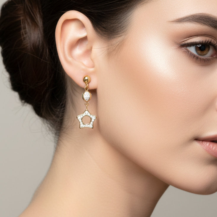 Orecchini pendenti a stella con zirconi in oro giallo 18KT (750) – Eleganti e luminosi