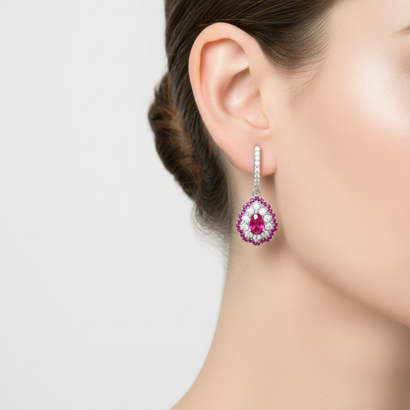 Orecchini pendenti in oro bianco 18KT (750) con pietre rosse e zirconi