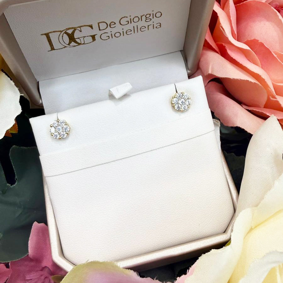 Orecchini fiore con zirconi in oro giallo 18 KT (750)