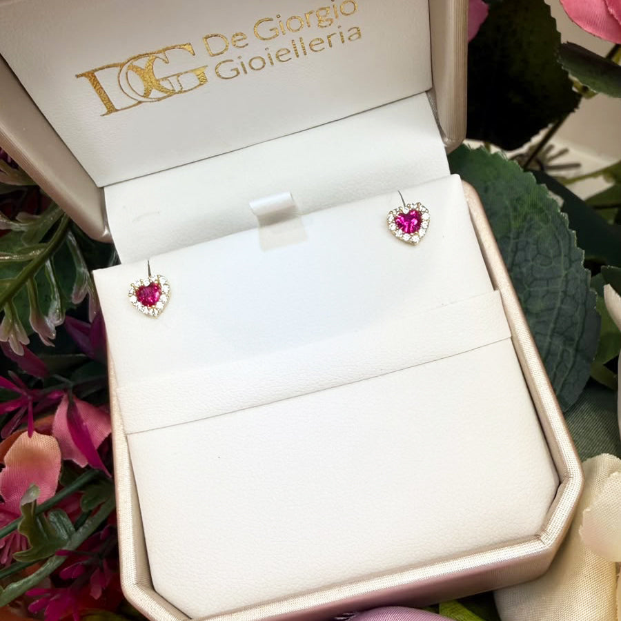 ORECCHINI CUORE CON ZIRCONI ROSSI E BIANCHI IN ORO 18 KT