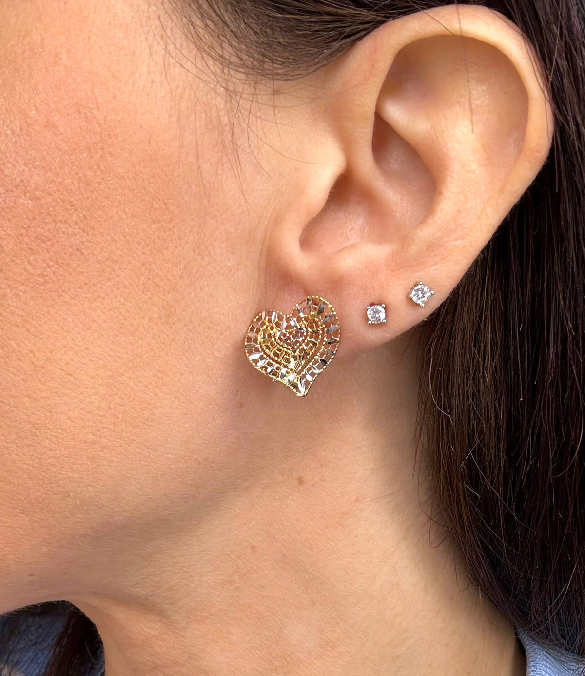 ORECCHINI A CUORE IN ORO GIALLO 18 KT (750) CON LAVORAZIONE DIAMANTATA