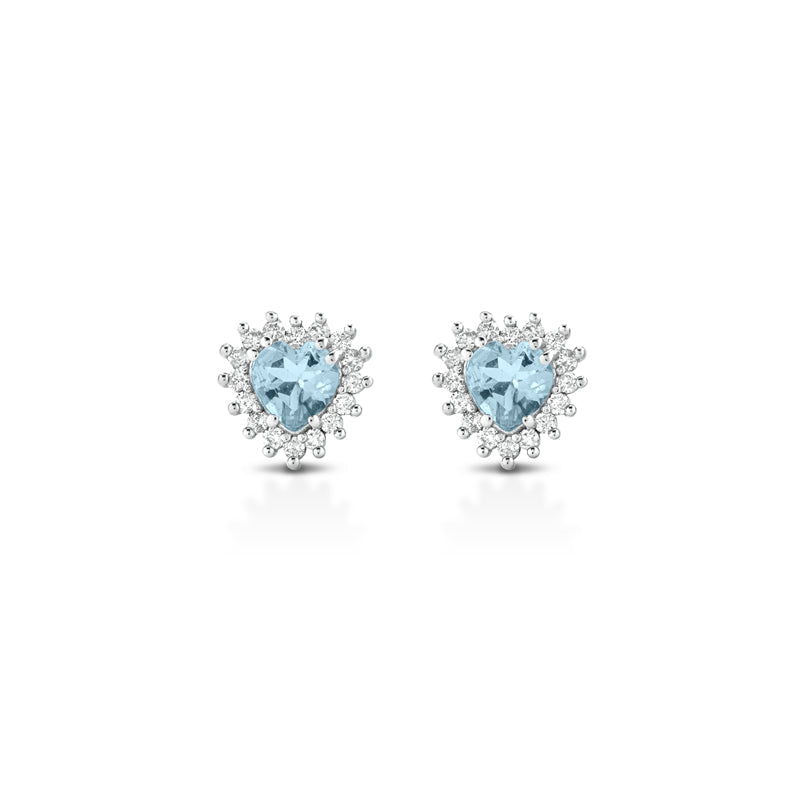 18KT WHITE GOLD HEART EARRINGS WITH DIAMONDS AND AQUAMARINE