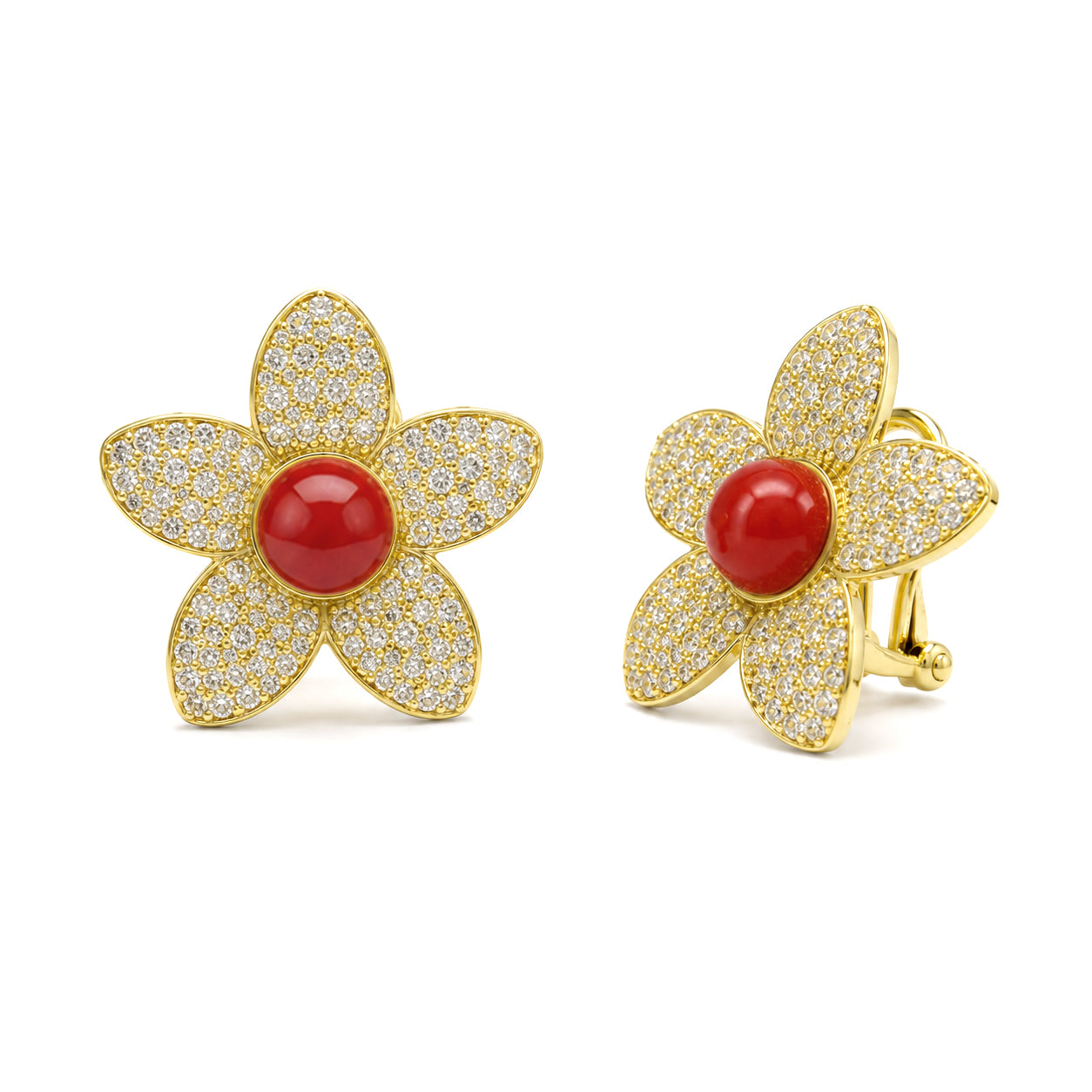ORECCHINI FIORE,CORALLO E ZIRCONI PAVÉ DORATI IN ARGENTO 925