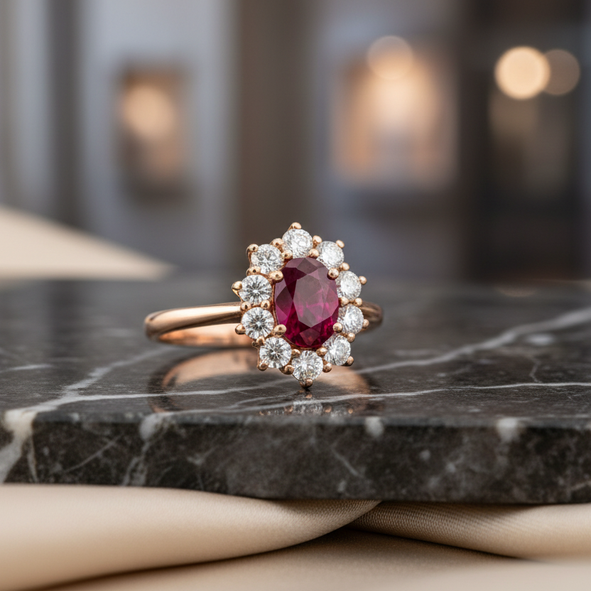 18K ROSE GOLD RING WITH DIAMONDS AND RUBY