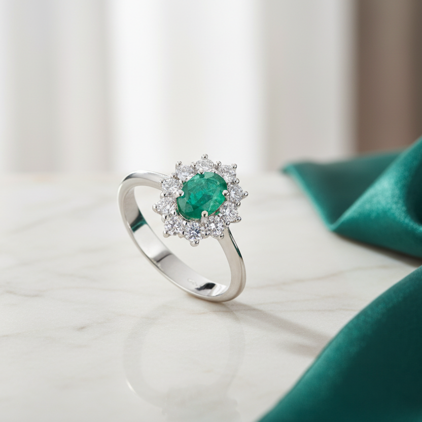 18K WHITE GOLD RING WITH DIAMONDS AND EMERALD