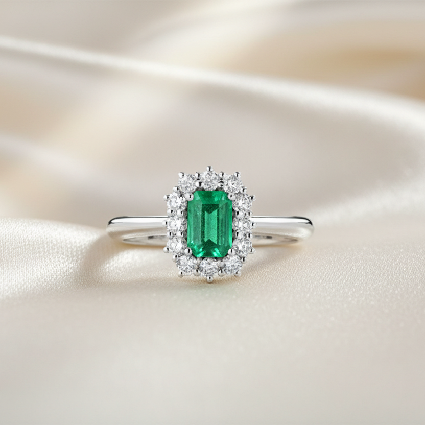 18K WHITE GOLD RING WITH DIAMONDS AND EMERALD