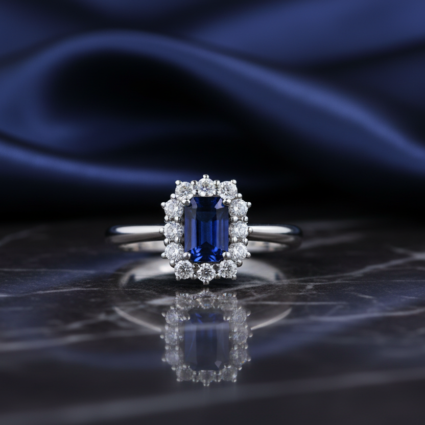 18K WHITE GOLD RING WITH DIAMONDS AND SAPPHIRE