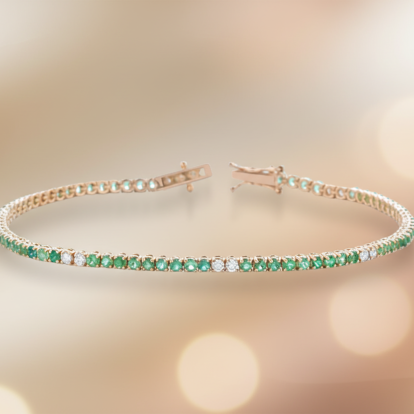 BRACCIALE TENNIS IN ORO ROSA 18KT CON DIAMANTI E SMERALDI
