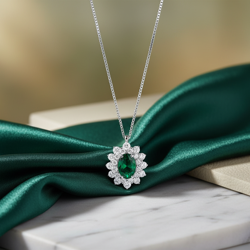 COLLANA IN ORO BIANCO 18KT CON DIAMANTI E SMERALDO