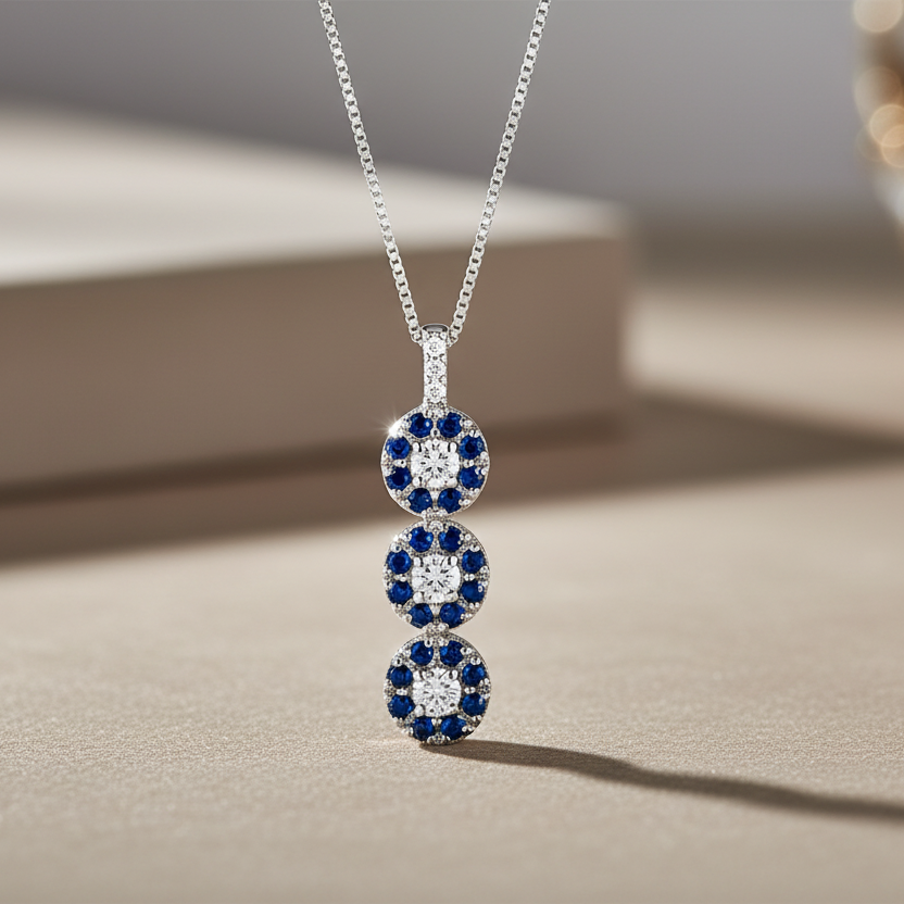 COLLANA TRILOGY IN ORO BIANCO 18KT CON DIAMANTI E ZAFFIRI