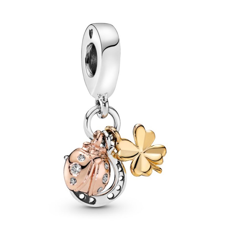 CHARM PANDORA PENDENTE FERRO DI CAVALLO TRIFOGLIO COCCINELLA