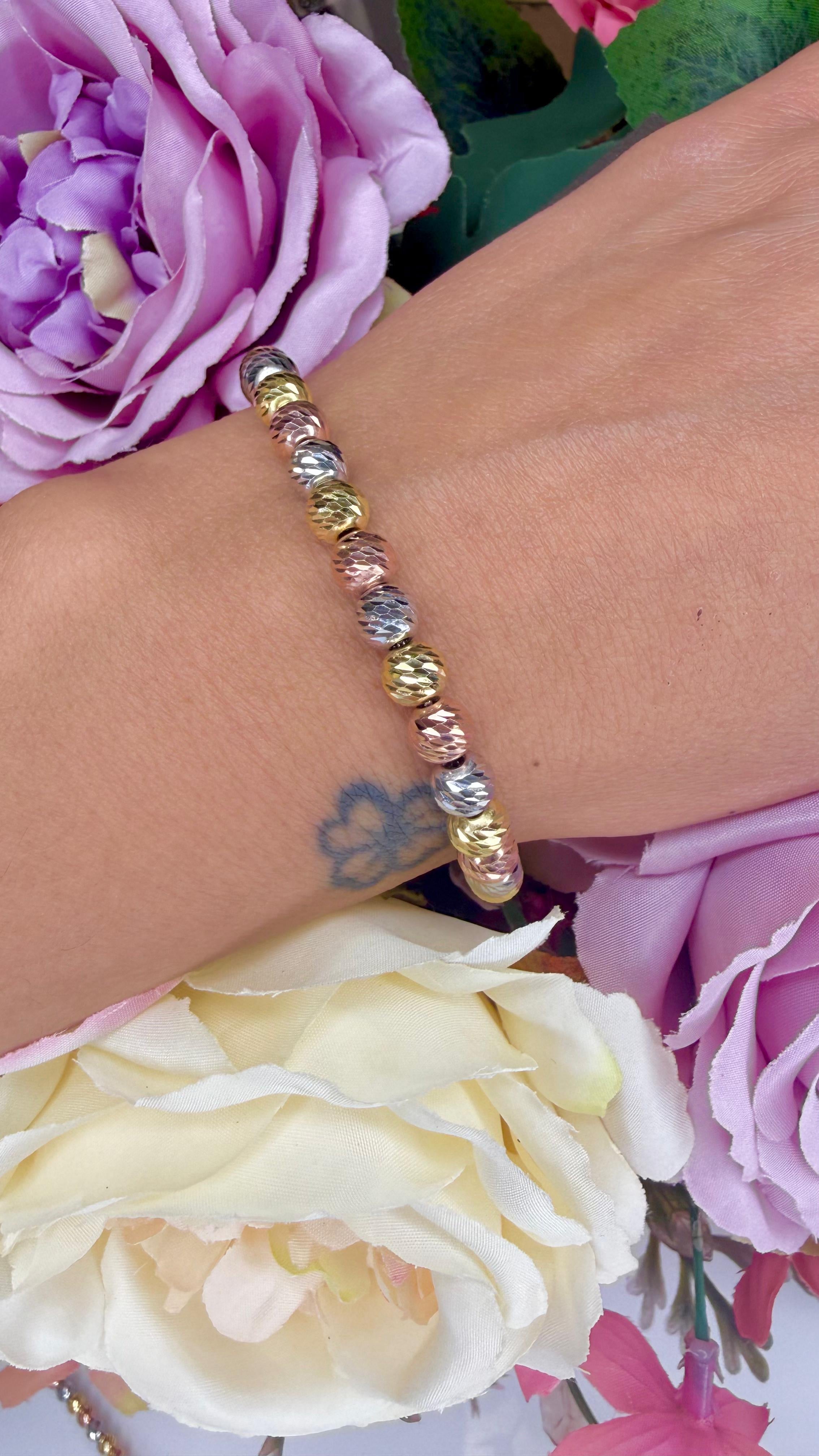 BRACCIALE TRICOLORE CON SFERE DIAMANTATE GIALLO BIANCO E ROSÉ IN ARGENTO 925