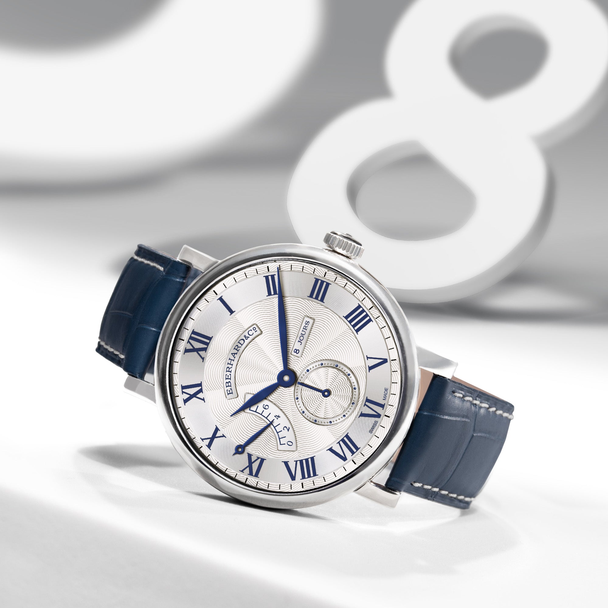 OROLOGIO EBERHARD 8 JOURS GRANDE TAILLE PELLE BLU |41MM|
