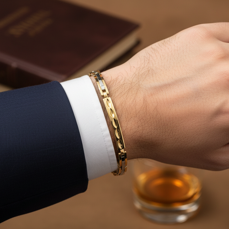 Bracciale uomo bicolore in oro giallo e oro bianco 18KT (750) con maglie lavorate – Made in Italy